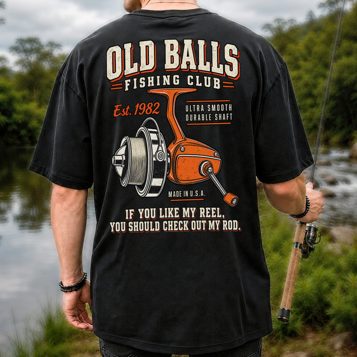 Old Balls Fishing Club Vintage Spinning Reel Graphic T-Shirt | Back Print