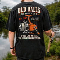 Old Balls Fishing Club Vintage Spinning Reel Graphic T-Shirt | Back Print