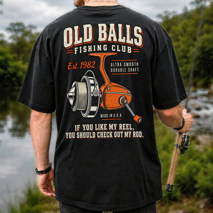Old Balls Fishing Club Vintage Spinning Reel Graphic T-Shirt | Back Print