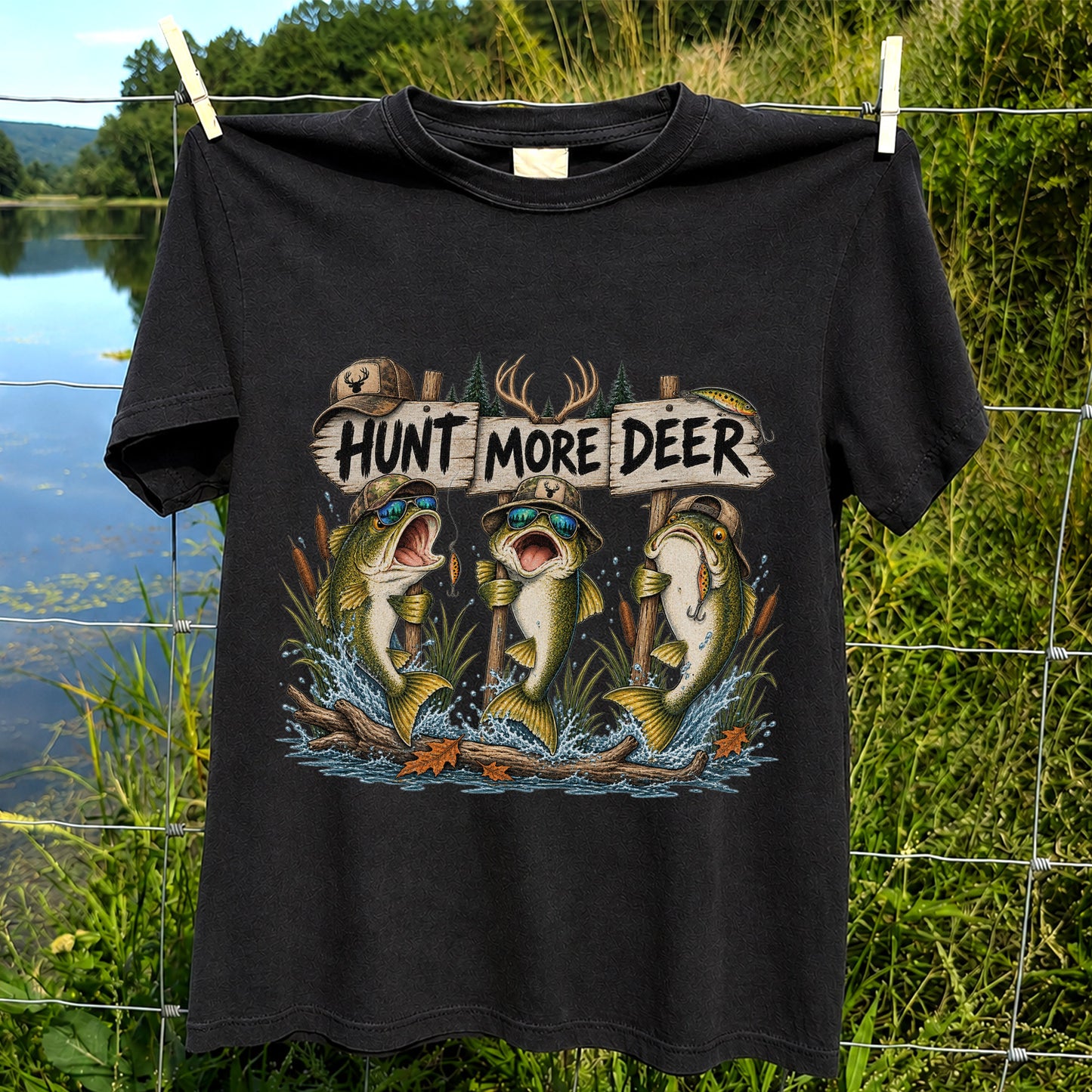 Hunt More Deer Funny Bass Fishing Graphic T-Shirt