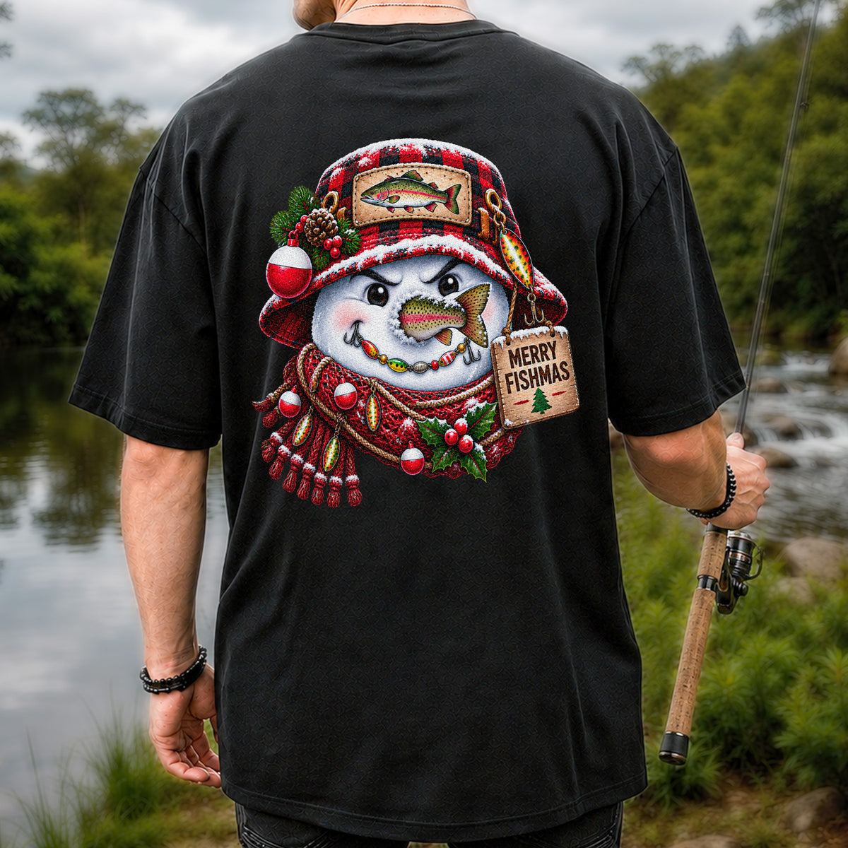 Merry Fishmas Snowman with Rainbow Trout Christmas Fishing T-Shirt | Back Print