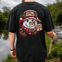 Merry Fishmas Snowman with Rainbow Trout Christmas Fishing T-Shirt | Back Print