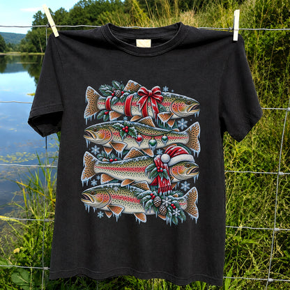 Festive Rainbow Trout Christmas Fishing Graphic T-Shirt
