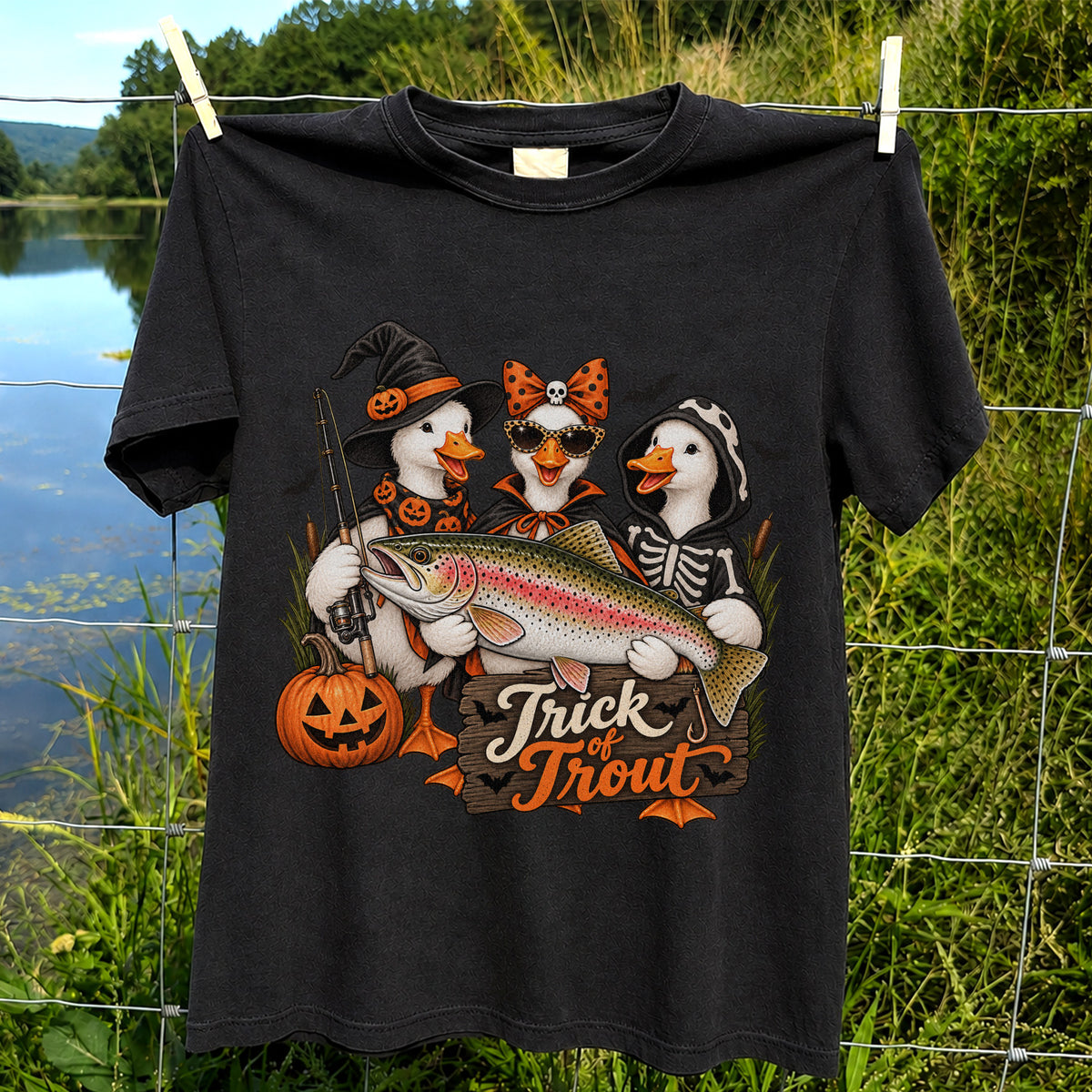 Trick of Trout Halloween Ducks with Rainbow Trout Fishing T-Shirt