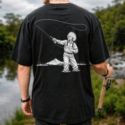Vintage Fly Fisherman Mountain Lake Fishing Graphic T-Shirt | Back Print