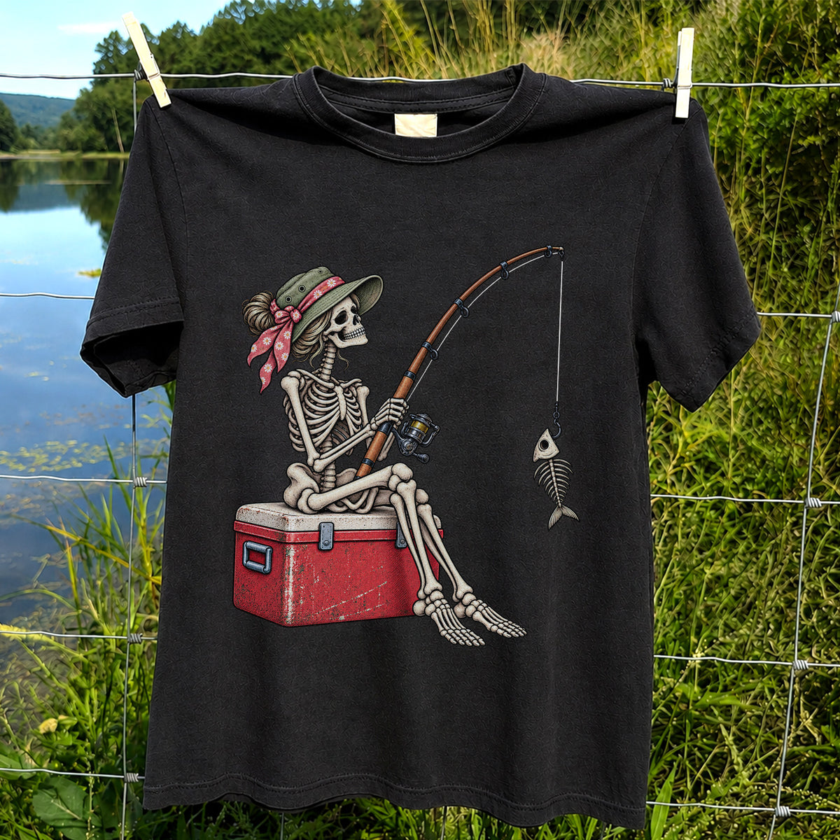 Skeleton Woman Fishing on a Cooler with Fish Bones Graphic T-Shirt