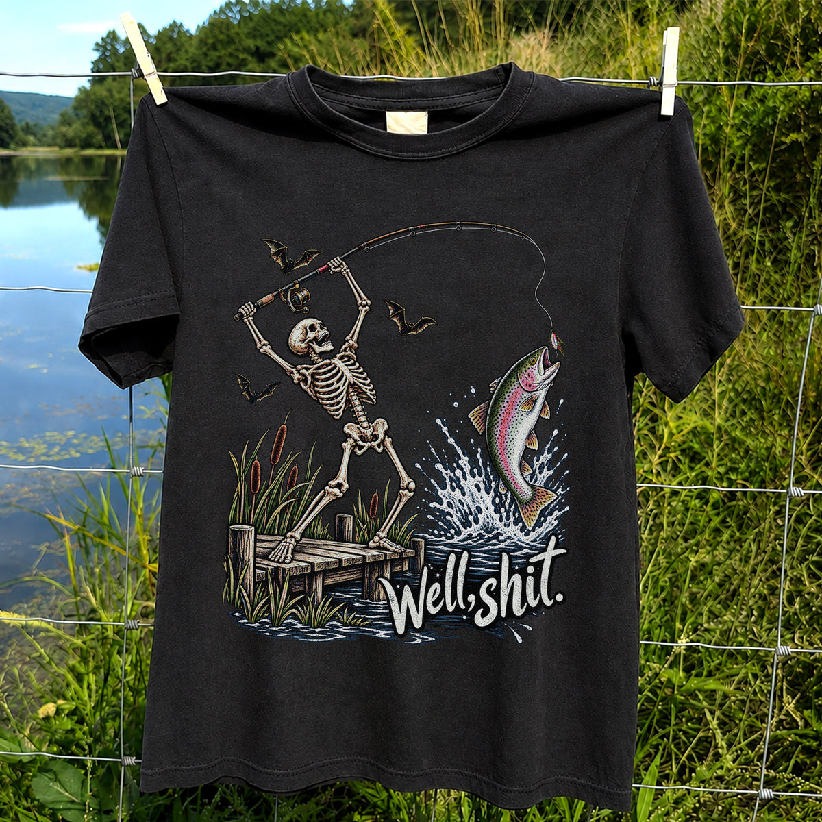 Well Shit Skeleton Catching a Rainbow Trout Funny Fishing T-Shirt