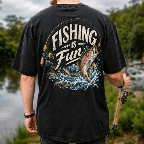 Fishing Is Fun Rainbow Trout and Mountain Graphic T-Shirt | Back Print