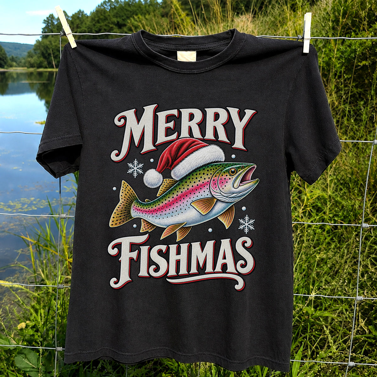 Merry Fishmas Rainbow Trout in a Santa Hat Christmas Fishing T-Shirt