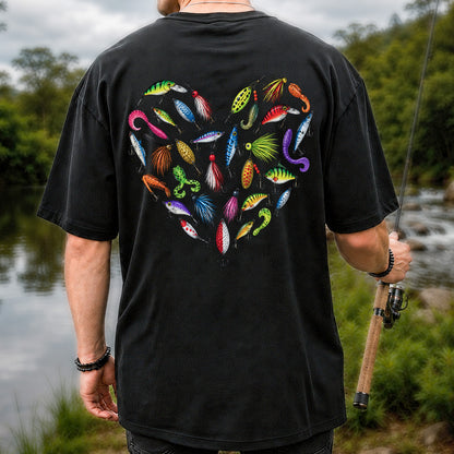 Colorful Fishing Lures in a Heart Shape Graphic T-Shirt | Back Print