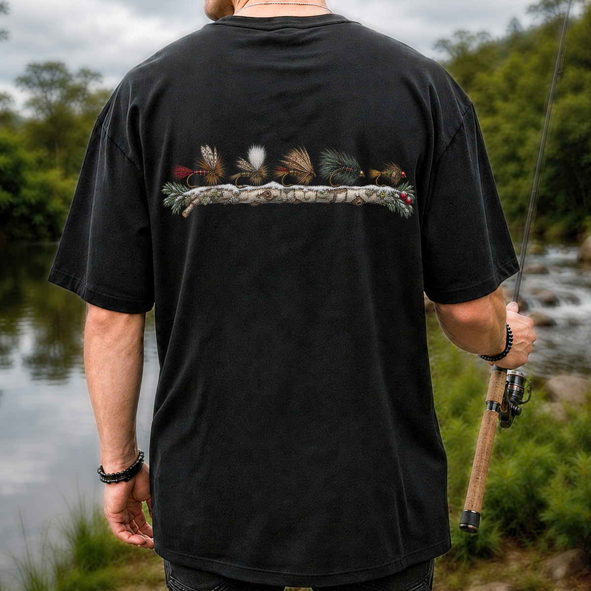 Christmas Fly Fishing Flies on Evergreen Branch Graphic T-Shirt | Back Print