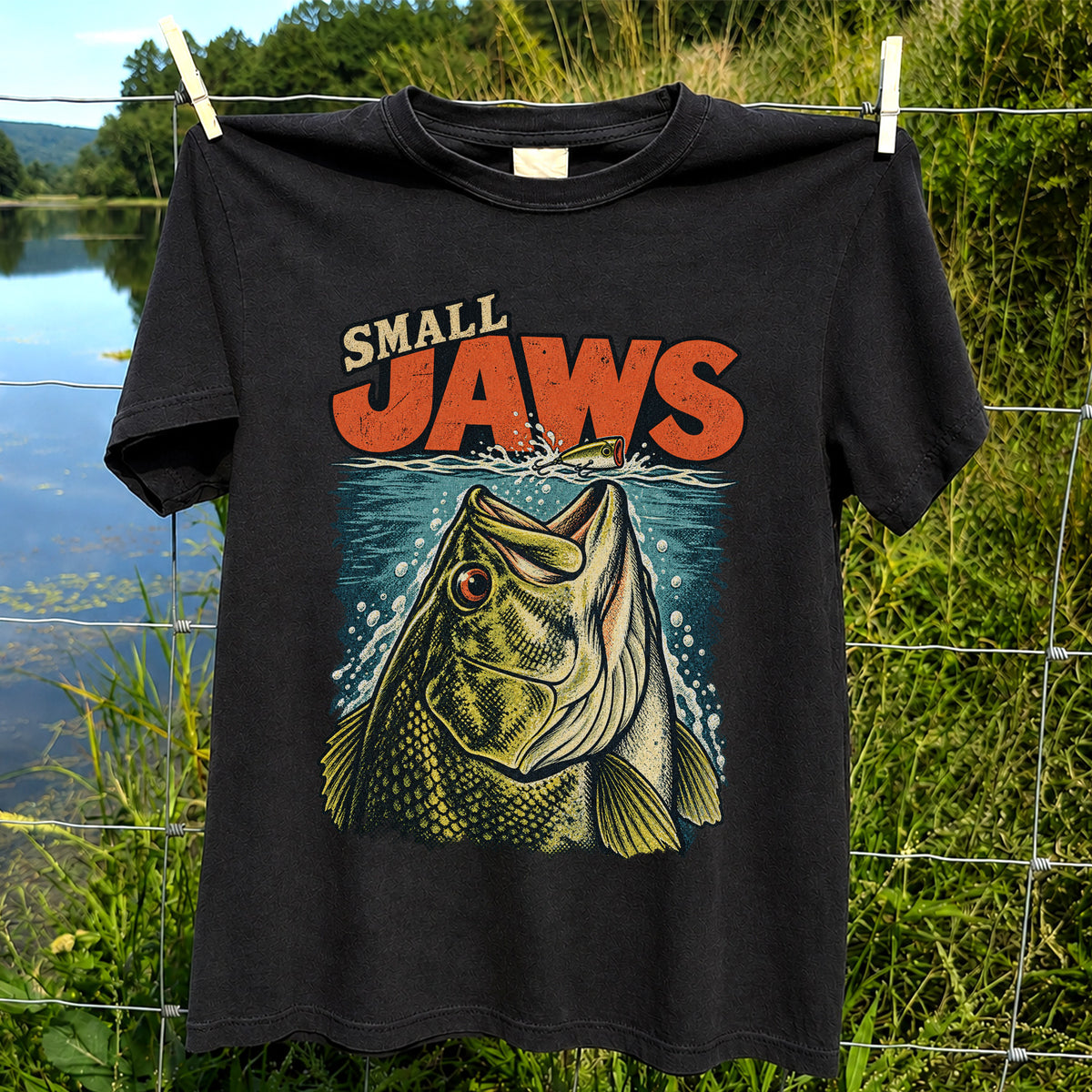 Small Jaws Bass Chasing a Fishing Lure Retro Graphic T-Shirt