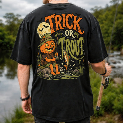 Trick or Trout Pumpkin Angler Halloween Fishing T-Shirt | Back Print