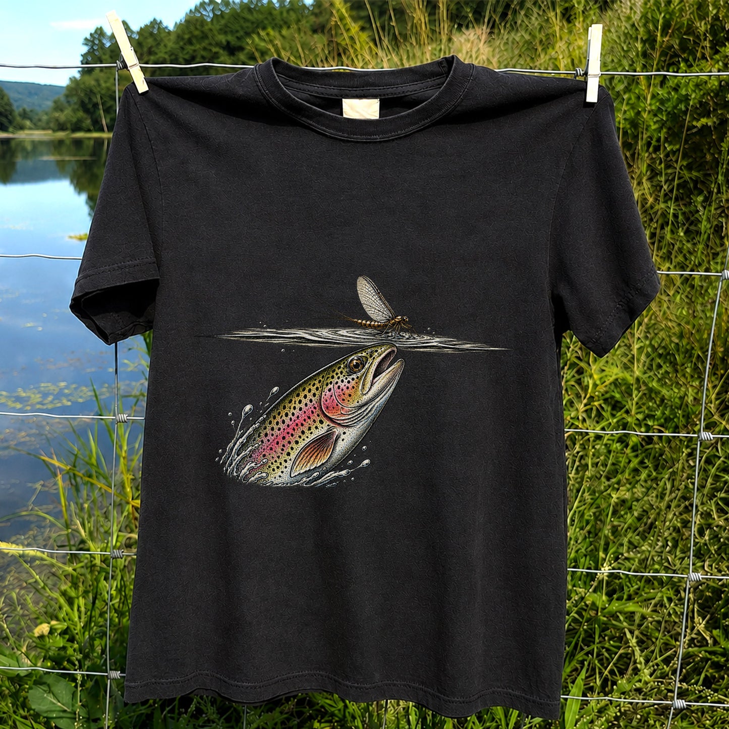 Rainbow Trout Rising to Mayfly Fishing Graphic T-Shirt
