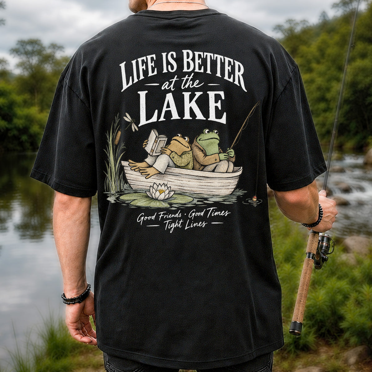 Life Is Better at the Lake Frog Fishing Graphic T-Shirt | Back Print