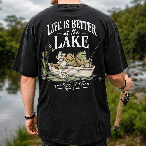 Life Is Better at the Lake Frog Fishing Graphic T-Shirt | Back Print