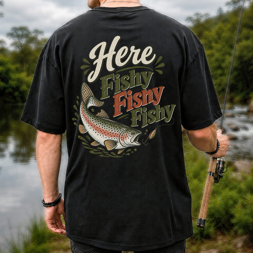 Here Fishy Fishy Rainbow Trout Fishing T-Shirt | Back Print