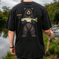 Black Bear Holding Rainbow Trout Fly Fishing Graphic T-Shirt | Back Print