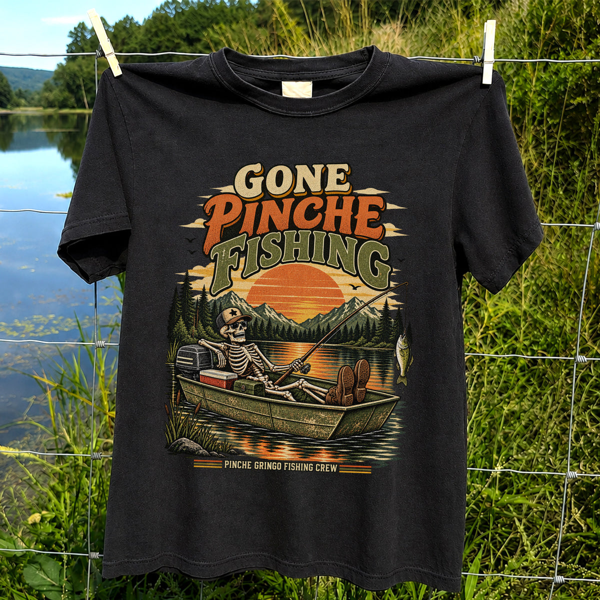Gone Pinche Fishing Skeleton in a Boat Retro Graphic T-Shirt