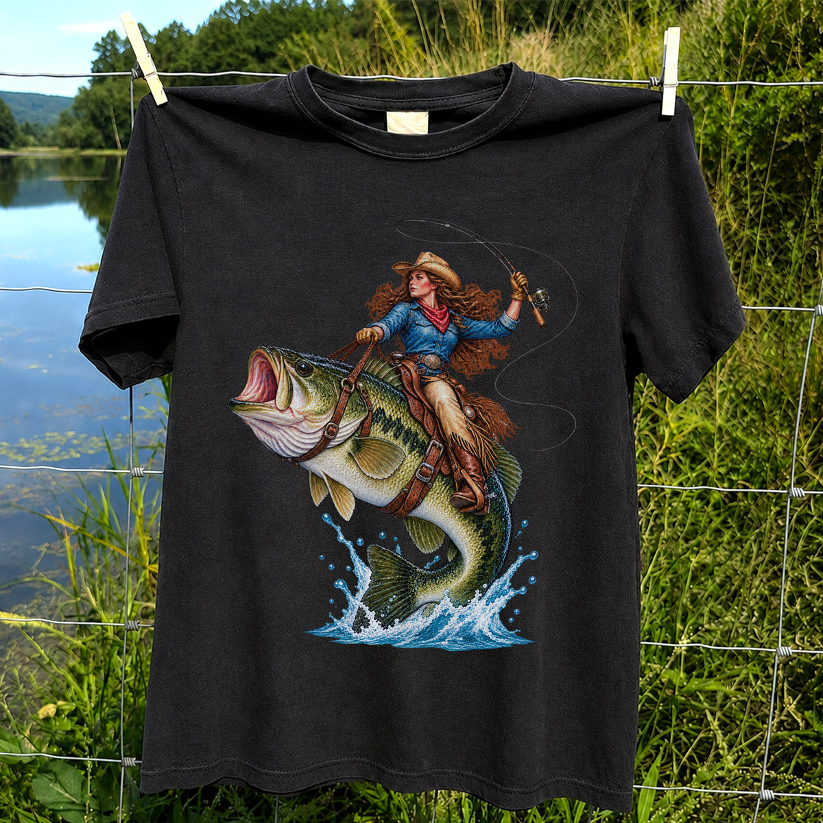 Cowgirl Riding a Largemouth Bass Fishing Graphic T-Shirt