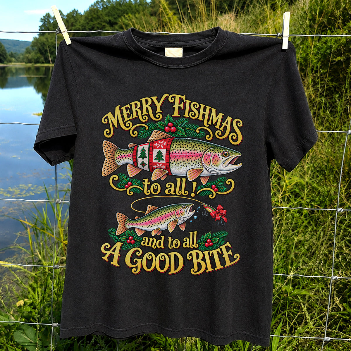 Merry Fishmas to All and to All a Good Bite Rainbow Trout Christmas Fishing T-Shirt