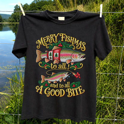 Merry Fishmas to All and to All a Good Bite Rainbow Trout Christmas Fishing T-Shirt