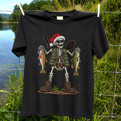 Santa Hat Skeleton Holding Trout and Bass Christmas Fishing T-Shirt