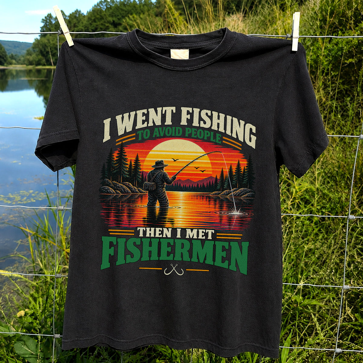 Sunset Fisherman Fishing Humor Graphic T-Shirt