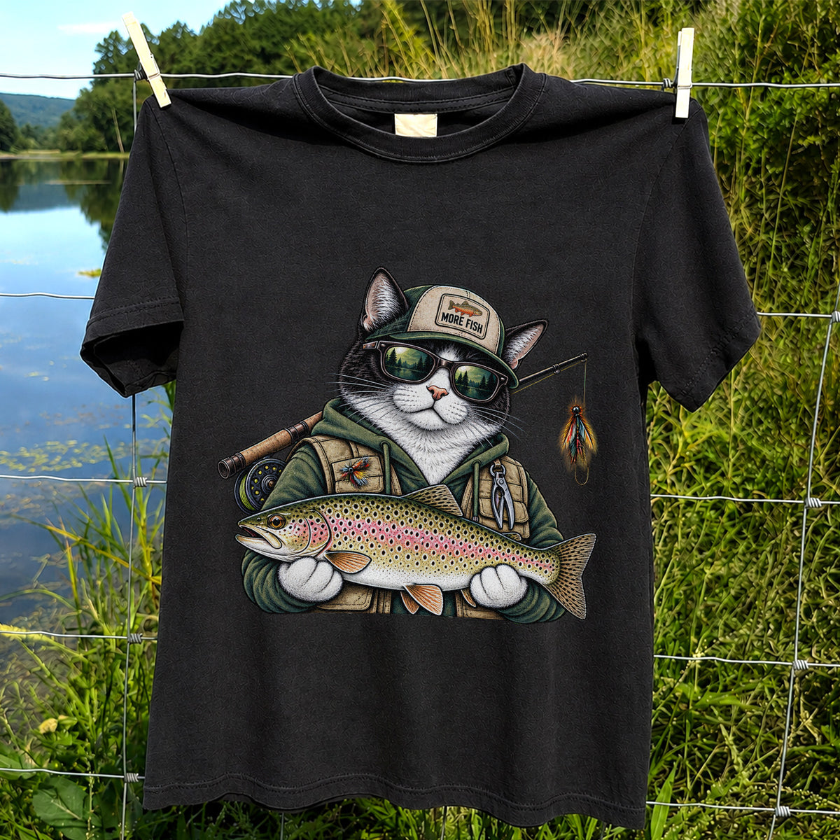 Cat Holding Rainbow Trout Fishing Graphic T-Shirt