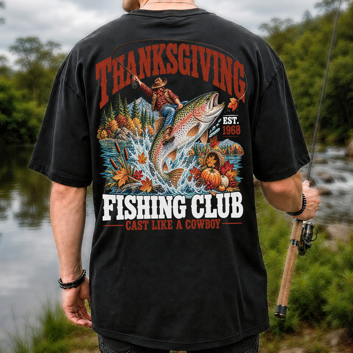 Thanksgiving Cowboy Trout Fishing Club Graphic T-Shirt | Back Print