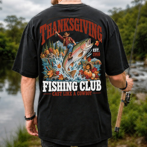 Thanksgiving Cowboy Trout Fishing Club Graphic T-Shirt | Back Print