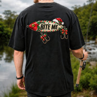 Bite Me Christmas Fishing Lure Funny Graphic T-Shirt | Back Print