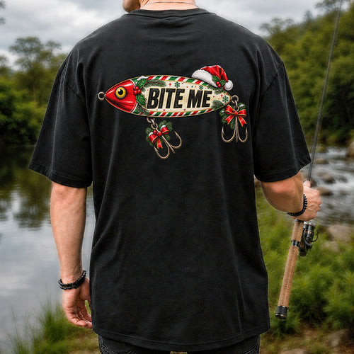 Bite Me Christmas Fishing Lure Funny Graphic T-Shirt | Back Print
