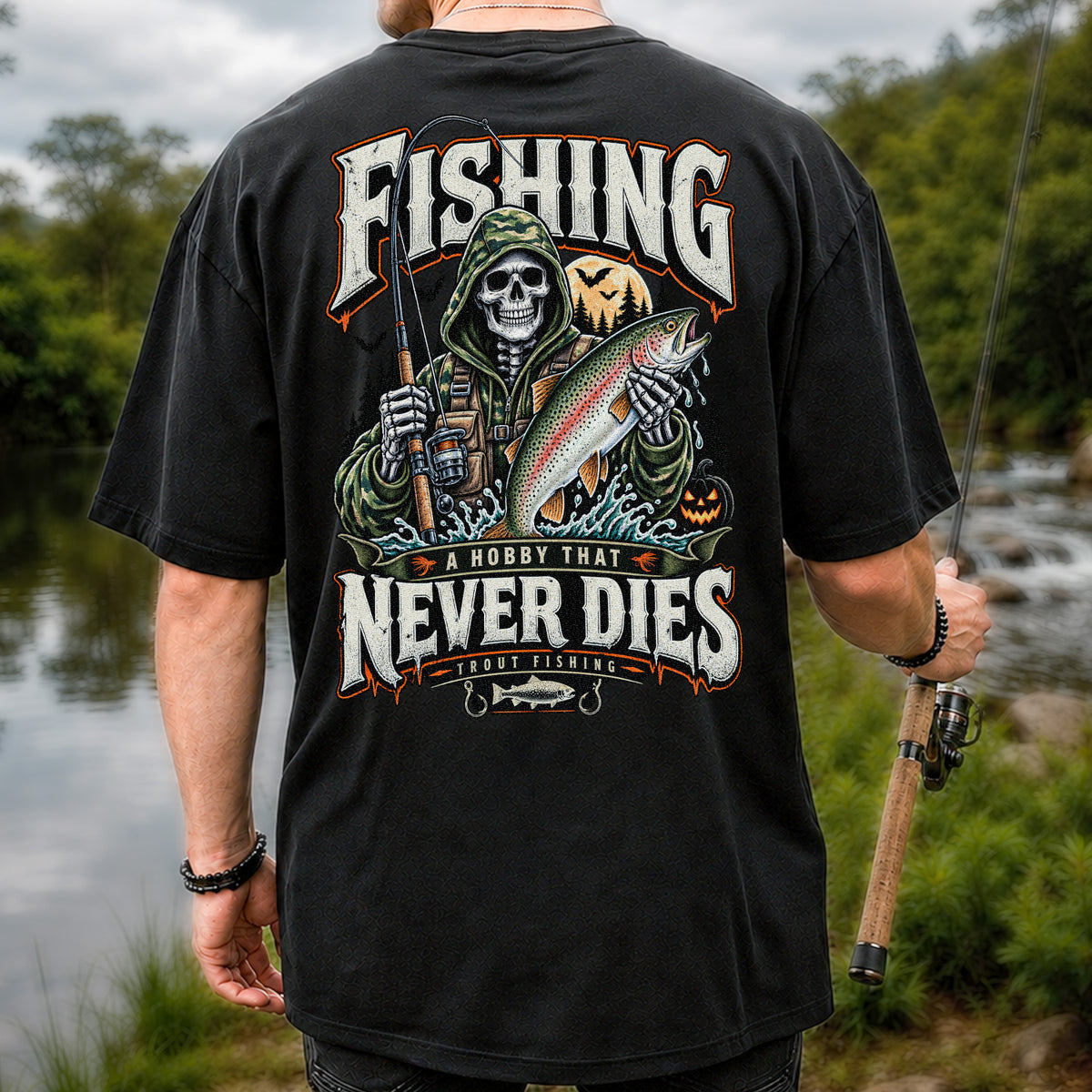 Fishing A Hobby That Never Dies Skeleton Holding Rainbow Trout Halloween T-Shirt | Back Print