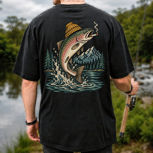 Beanie-Wearing Rainbow Trout Smoking a Cigar Mountain Fishing Graphic T-Shirt | Back Print