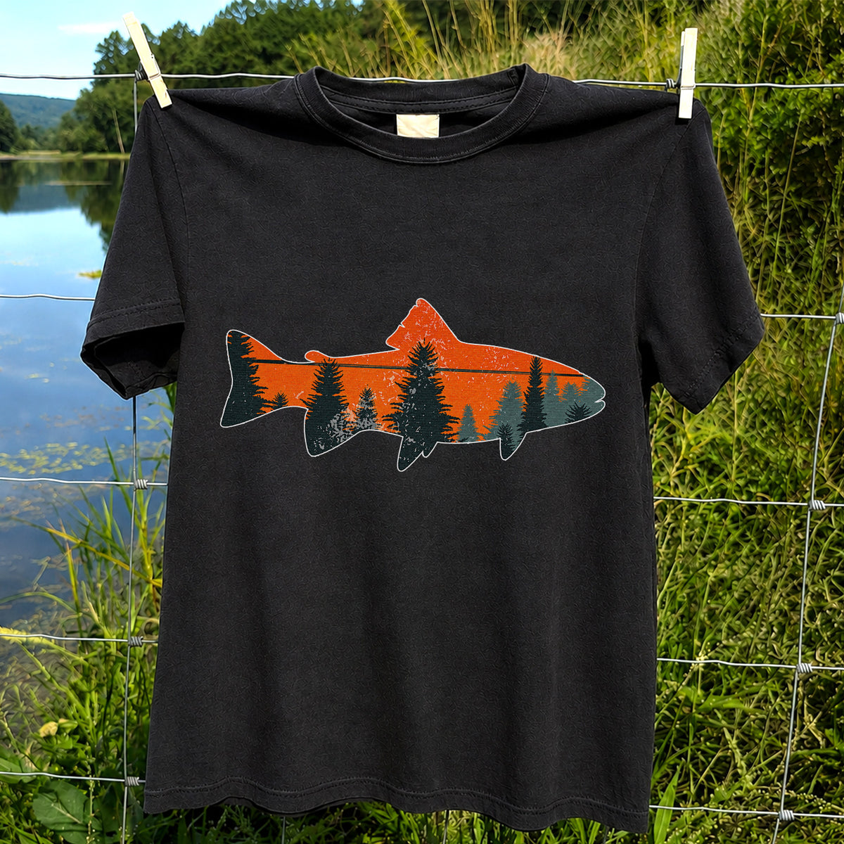 Trout with Mountain Sunset and Pine Forest Fishing Graphic T-Shirt