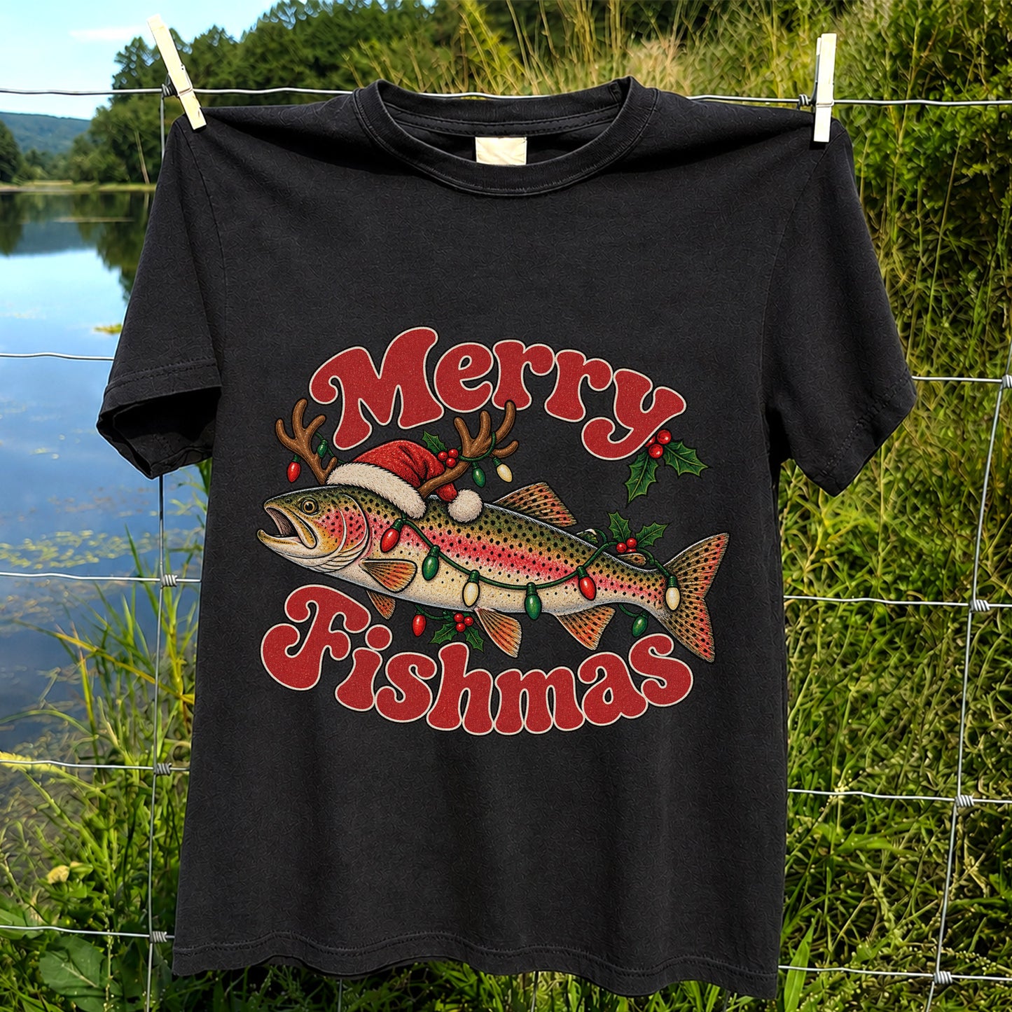 Merry Fishmas Reindeer Rainbow Trout Christmas Fishing T-Shirt