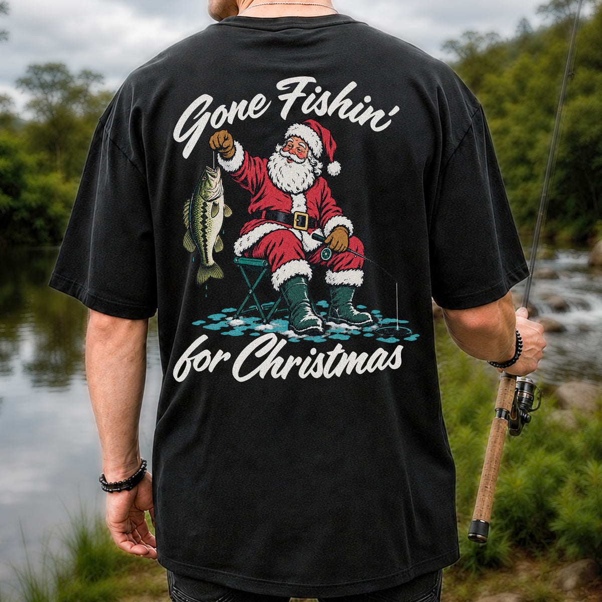 Santa Fishing with Bass Christmas Graphic T-Shirt | Back Print