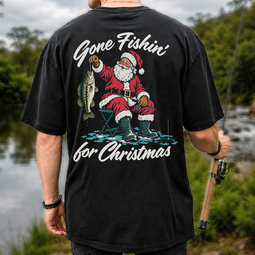 Santa Fishing with Bass Christmas Graphic T-Shirt | Back Print