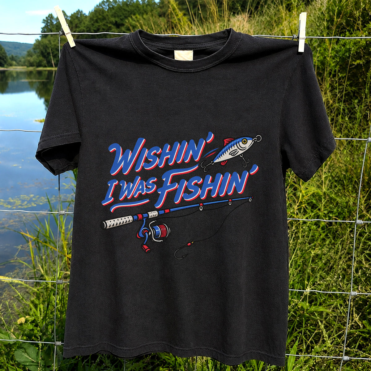 Wishin' I Was Fishin' Fishing Rod and Lure Graphic T-Shirt