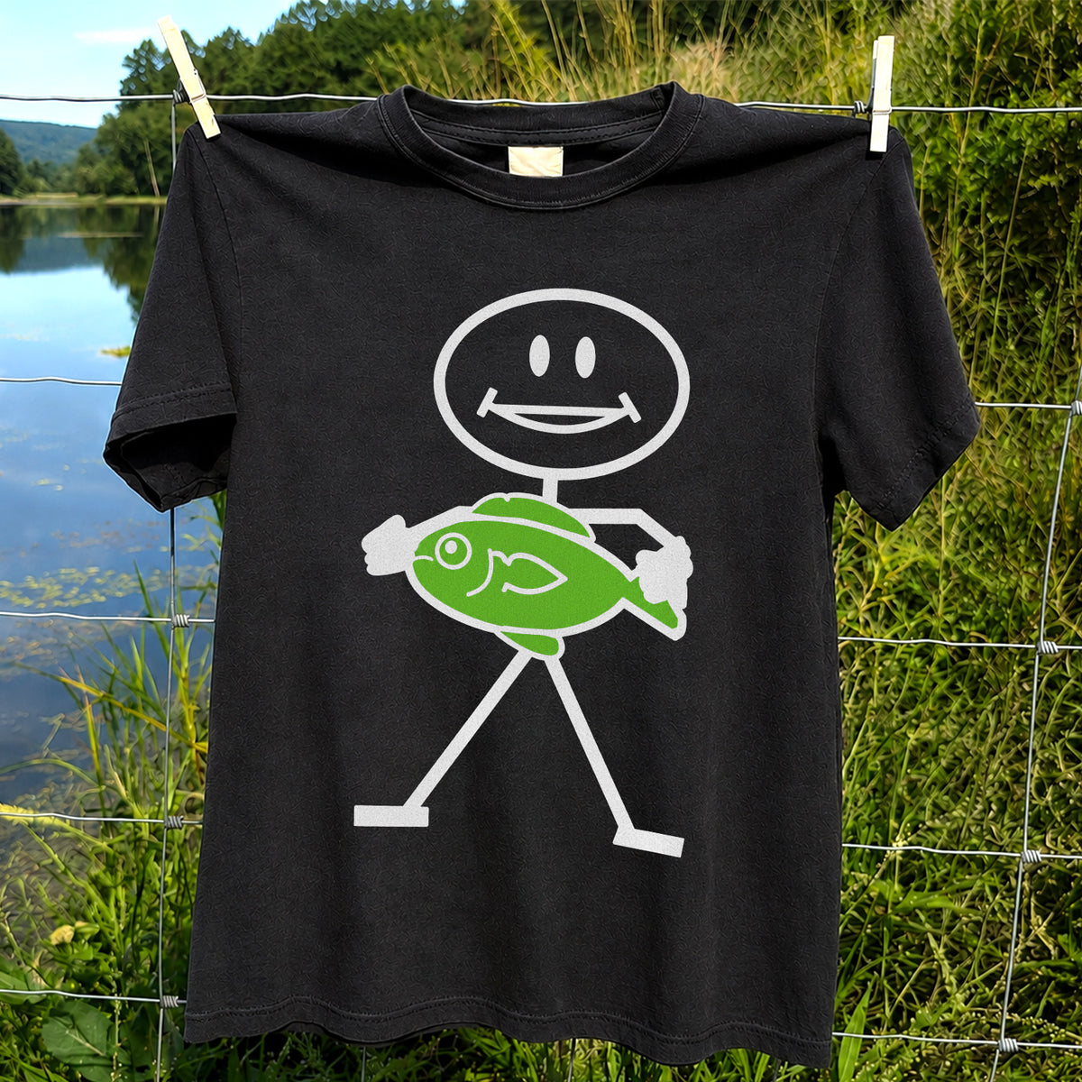 Happy Stick Figure Holding a Green Fish Graphic T-Shirt