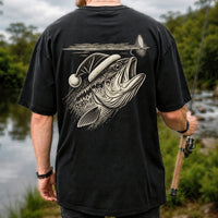 Santa Hat Bass Chasing a Fishing Fly Graphic T-Shirt | Back Print