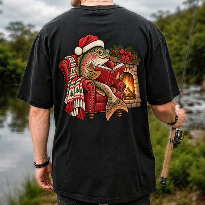 Christmas Trout Reading by the Fireplace Fishing T-Shirt | Back Print