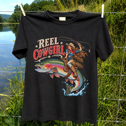 Reel Cowgirl Riding a Rainbow Trout Fly Fishing T-Shirt