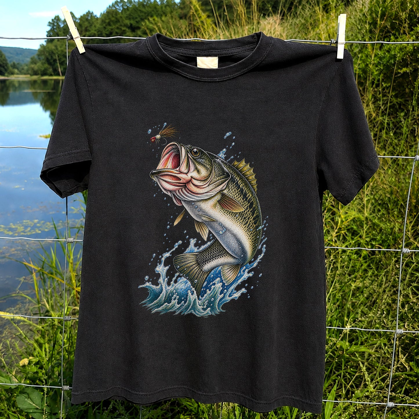 Largemouth Bass Leaping for a Fly Fishing Graphic T-Shirt