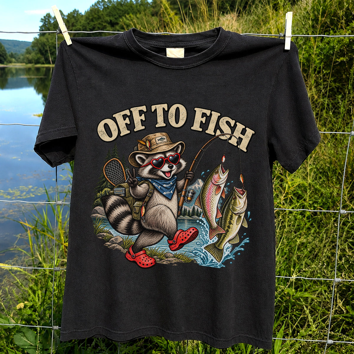 Off to Fish Raccoon with Trout and Bass Fishing T-Shirt