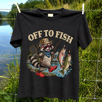 Off to Fish Raccoon with Trout and Bass Fishing T-Shirt