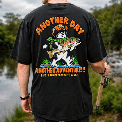 Another Day Another Adventure Cat and Trout Fishing Graphic T-Shirt | Back Print