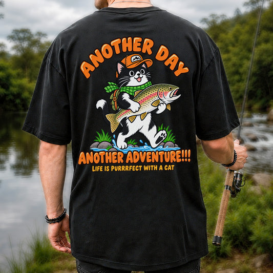 Another Day Another Adventure Cat and Trout Fishing Graphic T-Shirt | Back Print