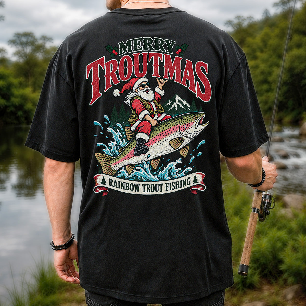 Merry Troutmas Santa Riding a Rainbow Trout Christmas Fishing T-Shirt | Back Print